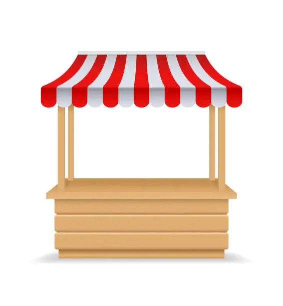 Vector illustration of Wooden market stall, fair booth. 3d empty kiosk with striped awning, roof. Isolated market booth mockup for food. Wooden counter with sunshade for street trading, outdoor retail. vendor stall.