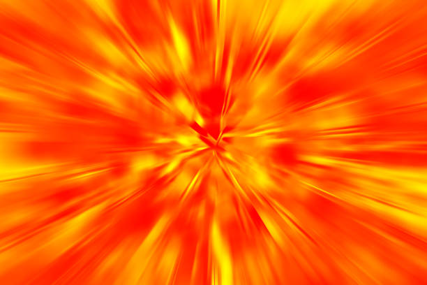 big bang speed motion explodierende sonnenstrahl flamme feurig rot neon gelb orange hintergrund defokussiert lichtstrahlen muster verzerrt fraktale kunst - big bang flash stock-fotos und bilder