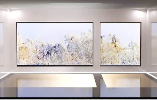 Modern bright interiors. 3D rendering illustration. Winter landscape outside the window.