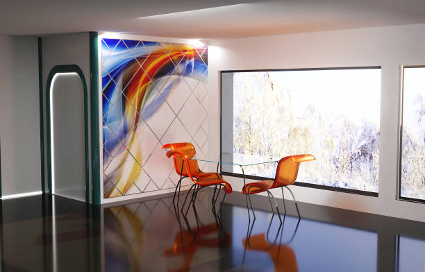 istock Stylish futuristic room interior with a large window. 3D rendering illustration. Winter landscape outside the window. 1180614023