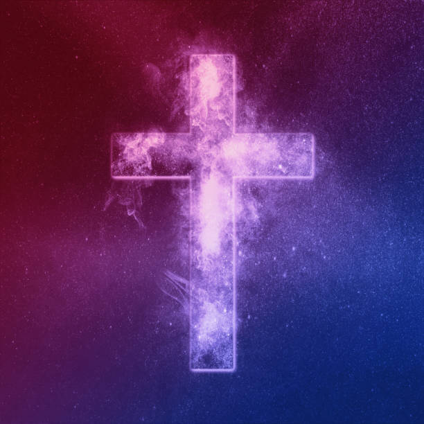 Christian cross symbol Red Blue. Abstract night sky background.