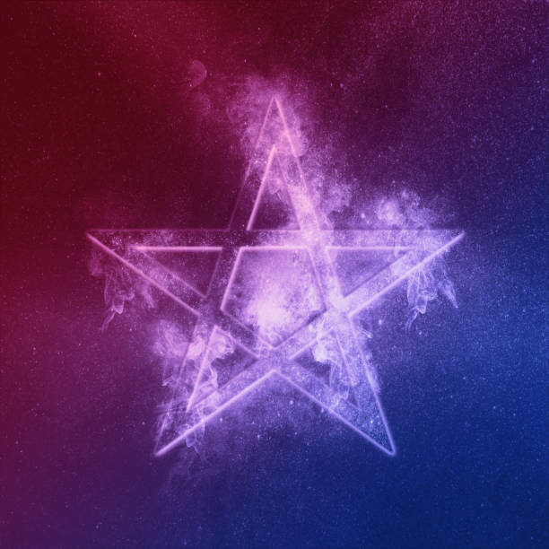 istock Pentagram symbol Red Blue. Abstract night sky background. 1180617643