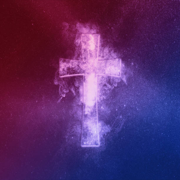 istock Christian cross symbol Red Blue. Abstract night sky background. 1180618023