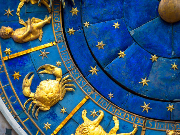 Cancer astrological sign on ancient clock. Detail of Zodiac wheel with crab. stock photo