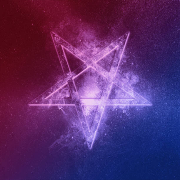 istock Reversed Pentagram symbol Red Blue. Abstract night sky background. 1180619123