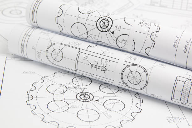 бумажные инженерные чертежи промышленных деталей и механизмов - machine part drawing organization blueprint стоковые фото и изображения