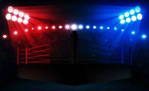 Vector illustration of Boxing ring arena and floodlights vector design Bright stadium arena lights red blue. Vector illumination