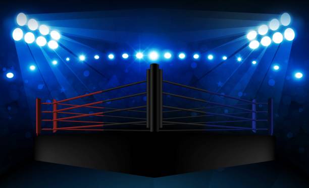 istock Boxing ring arena and floodlights vector design Bright stadium arena lights red blue. 1180621325