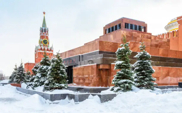 Photo of Moscow Red Square in winter, Russia. Lenin's Mausoleum by Moscow Kremlin under snow.