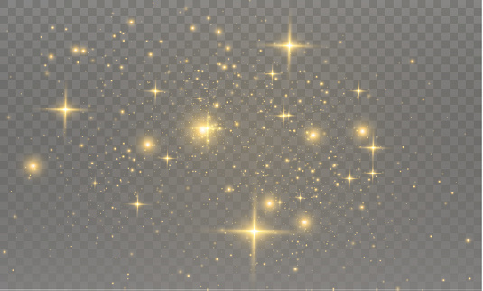 The yellow dust sparks and golden stars shine with special light. Vector sparkles on a transparent background.  Sparkling magical dust particles.