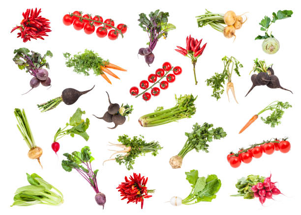 различные спелые овощи с зеленью изолированы - radish bunch red vegetable стоковые фото и изображения