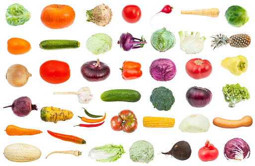 collage from various fresh ripe vegetables isolated on white background