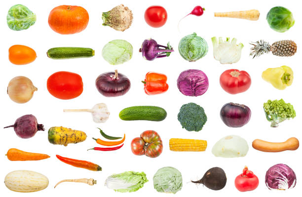 collage from various fresh vegetables isolated - cauliflower vegetable white isolated imagens e fotografias de stock