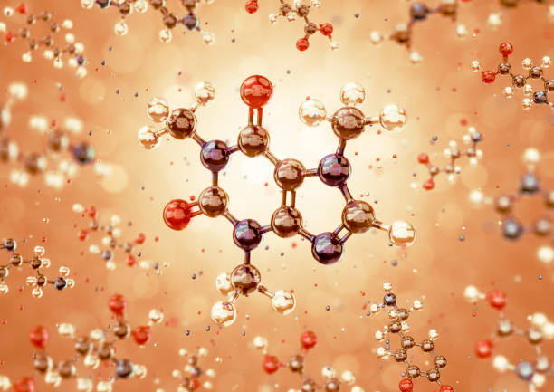 Molecule Of Caffeine 3D model of a caffeine represented in form of a schematic molecular structure freely levitating among of other organic substances. 3D rendering graphics. caffeine molecule stock pictures, royalty-free photos & images