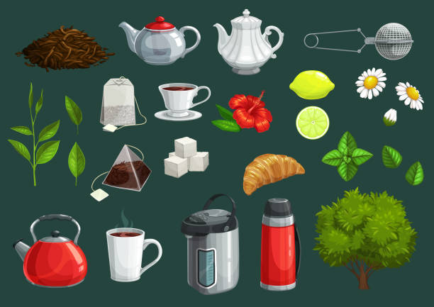 Tea icons of cups, teapot, leaves, sugar, teabags Tea cup, green leaf and teapot vector icons of hot beverage design.Tea bags, lemon and kettle, sugar cubes, mug and croissant, infuser mesh spoon, termopot and mint, hibiscus and chamomile flowers glass cup of boiling water stock illustrations