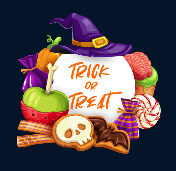 ilustraciones, imágenes clip art, dibujos animados e iconos de stock de calabazas de halloween, sombrero de bruja, dulces y caramelos - spider web halloween corn pumpkin
