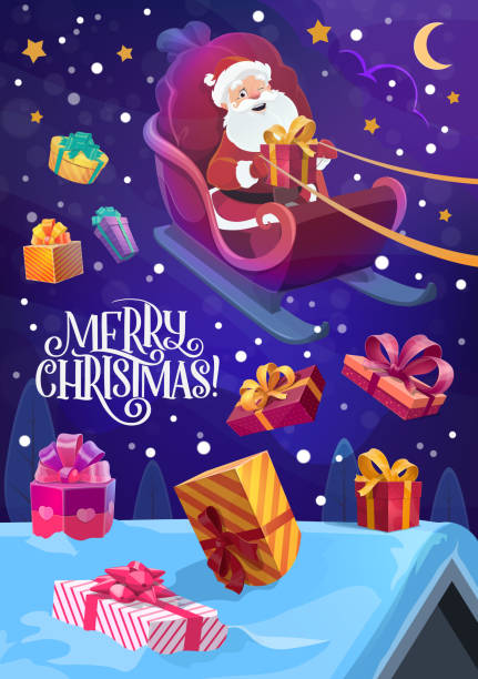 istock Santa sleigh with Christmas gifts in night sky 1180628502