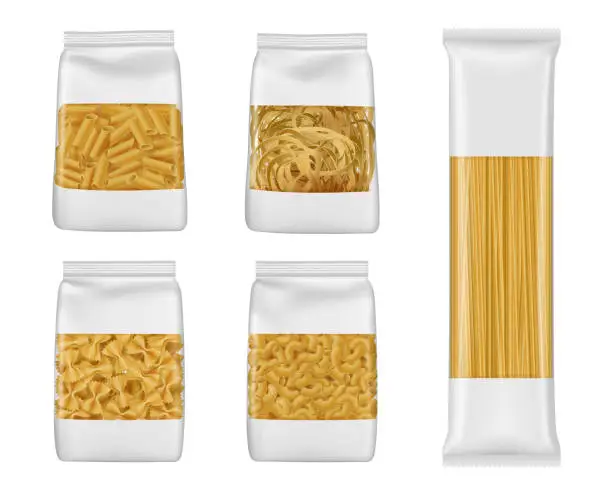 Vector illustration of Italian pasta packs of penne, farfalle, spaghetti