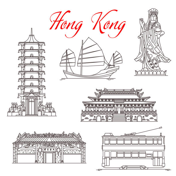 ilustrações de stock, clip art, desenhos animados e ícones de hong kong architecture landmarks, famous symbols - hong kong china chinese culture pagoda