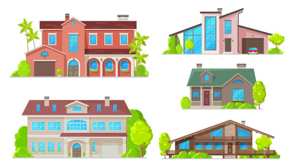 Residential buildings, real estate house and villa Houses and residential buildings, reals estate icons. Vector exterior facades architecture of modern family homes, cottage houses or mansion apartments and villas, urban property with terraces estate stock illustrations