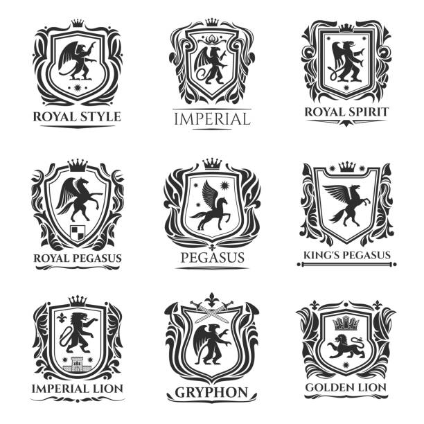 헤럴드 동물, 중세 전령 방패 - heraldic griffin sword crown stock illustrations