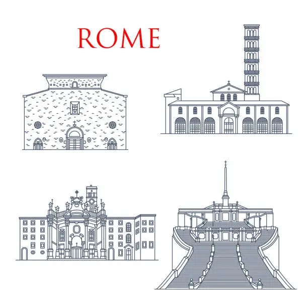 Vector illustration of Rome architecture landmarks, Italy buildings