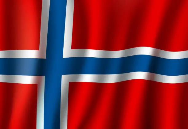 Vector illustration of 3D realistic wavy Norway flag, Norwegian symbol