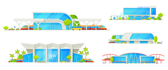 Railway station building, train platform and passenger terminal infrastructure. Vector isolated icons of modern railway station glass facade architecture with public transport bus and cars