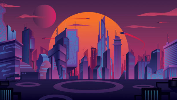 Futuristic City Landscape Beautiful cityscape with futuristic city at sunset. futuristic architecture illustrations stock illustrations