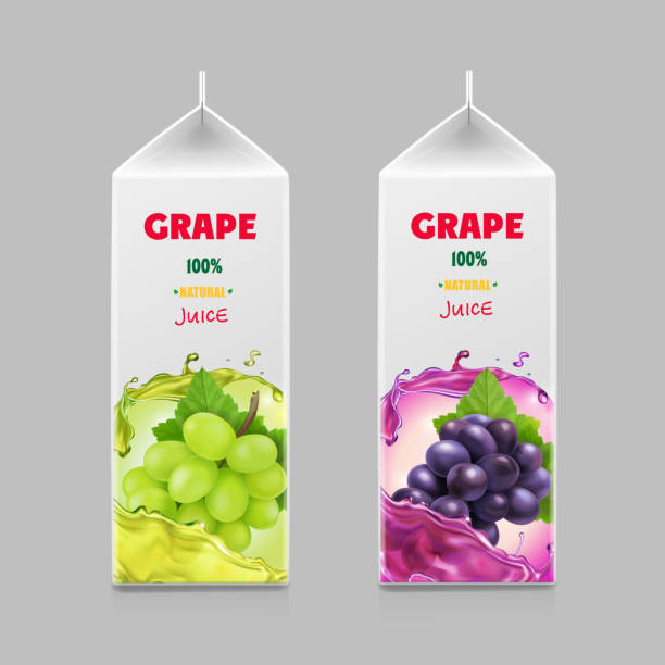 ブドウジュースの包装設計。リアルなブドウの枝セットの段ボールパック。 - ジュースパック点のイラスト素材／クリップアート素材／マンガ素材／アイコン素材