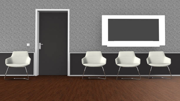 3D illustration waiting room with chairs stock photo
