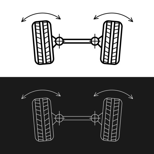휠 정렬 선 아이콘입니다. 자동차 서스펜션 각도 조정. 축 제어 기호입니다. 조정 가능한 스트로크 너비. - equipment conformity car transportation stock illustrations