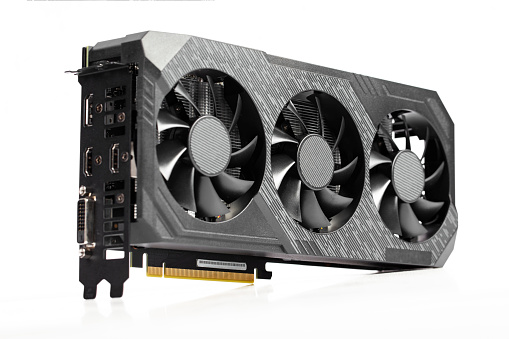 Game graphics card isolated on white background. Computer part