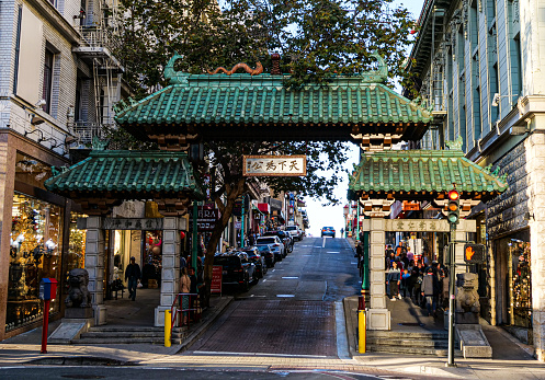 March 18, 2023: walking the Chinatown of San Francisco, California with stores, hotels, restaurants and traditional boutiques