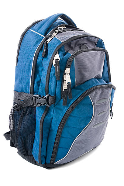 Blue and gray backpack isolated on white backdrop stock photo