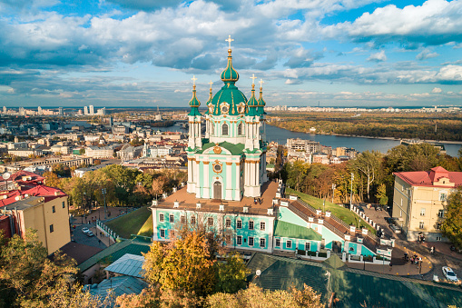 Aerial autumn landscape view of Saint Andrew's church in 2019, Kyiv, Ukraine. Famous religious and tourist spot in Kyiv.