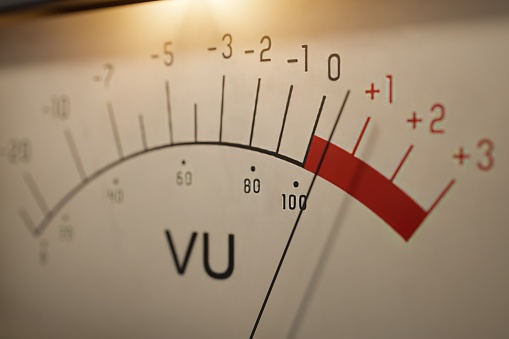 Analog VU meter measuring volume level of sound. 3D rendered illustration.