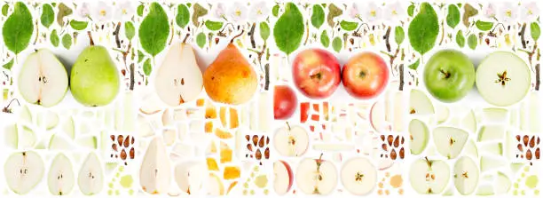 Large collection of apple and pear fruit pieces, slices and leaves isolated on white background. Top view. Seamless abstract pattern.