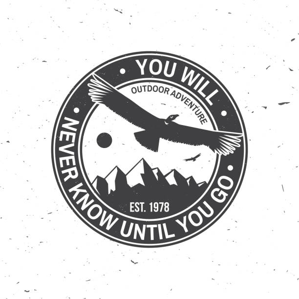 You will never know until you go. Summer camp. Vector. Concept for shirt or emblem, print, stamp or tee. Vintage typography design with flying condor, mountains, sky and forest silhouette. You will never know until you go. Summer camp. Vector illustration. Concept for shirt or emblem, print, stamp or tee. Vintage typography design with flying condor, mountains, sky and forest silhouette. condor stock illustrations