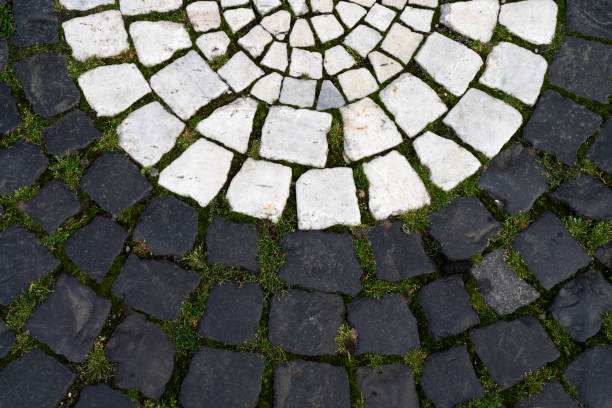 primer plano de adoquines blancos y grises con patrón circular. textura de fondo horizontal abstracta - paving stone avenue stone curve fotografías e imágenes de stock