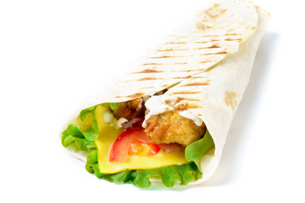 istock Grilled chicken pita with cheese on white background 1180647570