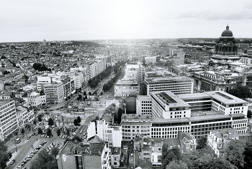 Ottawa cityscape panorama in the day over river with historical architecture black and white.