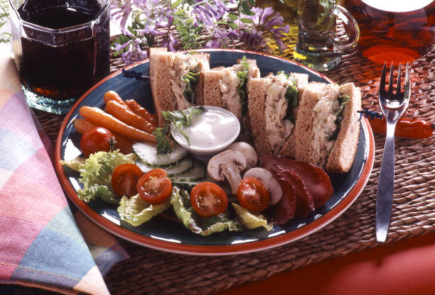 Horizontal Color Photograph Of A Plated Tuna Sandwich, Salad, And Carrots