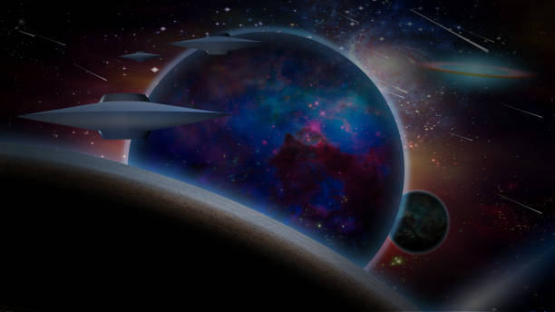 istock Spacecrafts near the aliens planets 1180653738