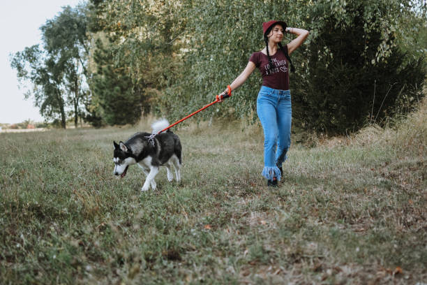 istock Woman walking with dog 1180659106