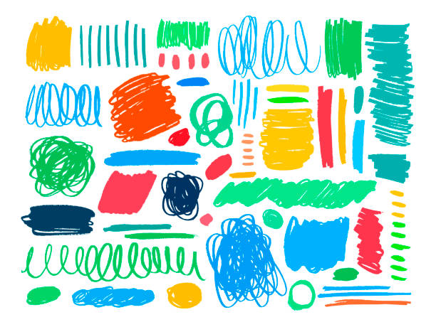 Colorful dry brush strokes hand drawn set. Grunge smears collection with curled lines, stripes and circles. Colorful dry brush strokes hand drawn set. Grunge smears collection with curled lines, stripes and circles. Abstract ink brush doodle textures. Hand drawn scribbles. Vector freehand drawing. - Vector crayon stock illustrations
