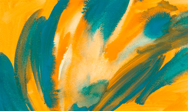 抽象的なターコイズとオレンジ色の水彩画の背景。用紙に色が飛び散る。 - アクリル画点のイラスト素材／クリップアート素材／マンガ素材／アイコン素材