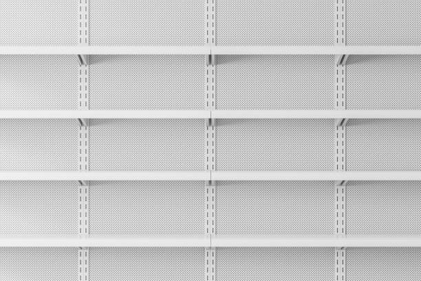 istock Front view of white supermarket shelves 1180671820