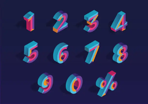 Vector illustration of 0, 1, 2, 3, 4, 5, 6, 7, 8, 9 isometric 3D numeral alphabet. Percent off, sale background. Colorfull polygonal triangle Letter. Eps10. Vector Isolated Number.