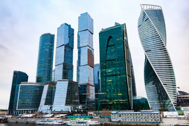 Skyscrapers on embankment  in downtown. Moscow International Business Center.